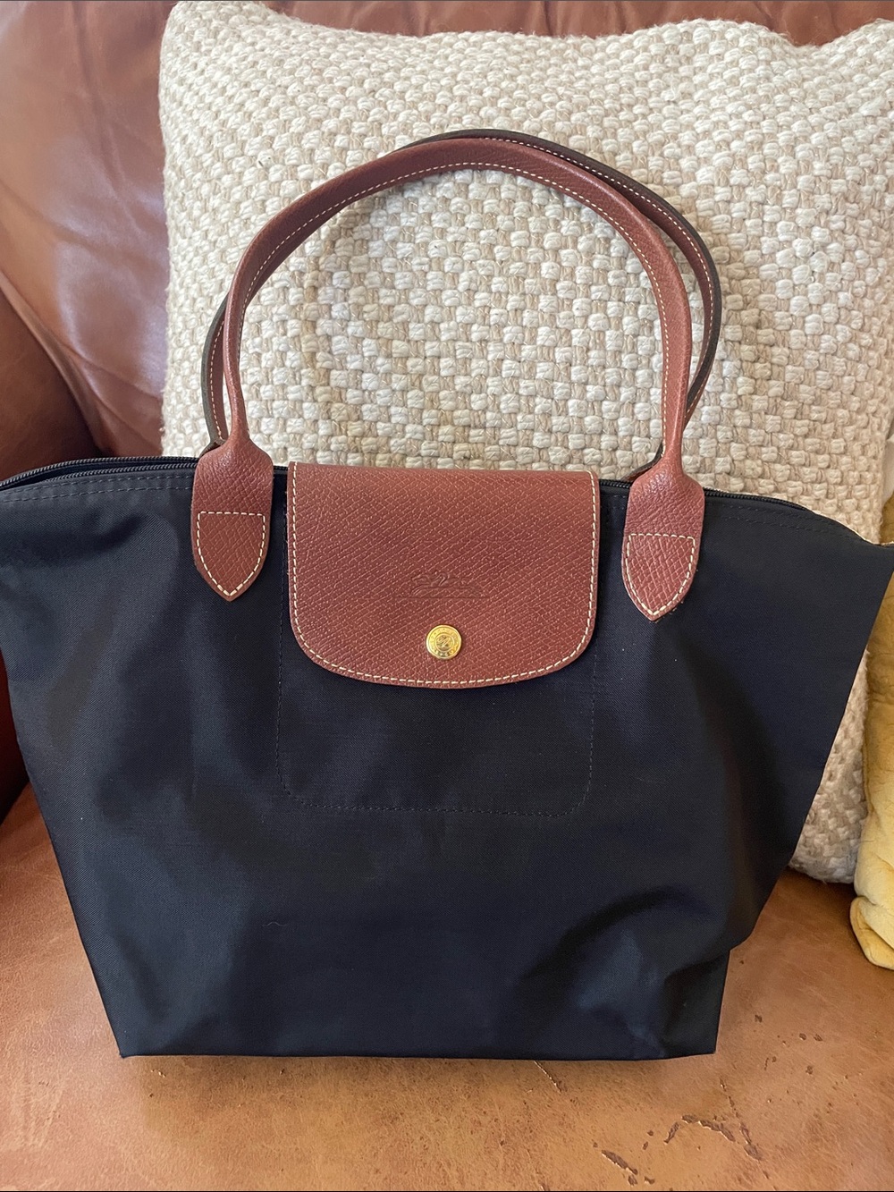 Longchamp Black Tote with Brown Leather Handles and Flap - Small